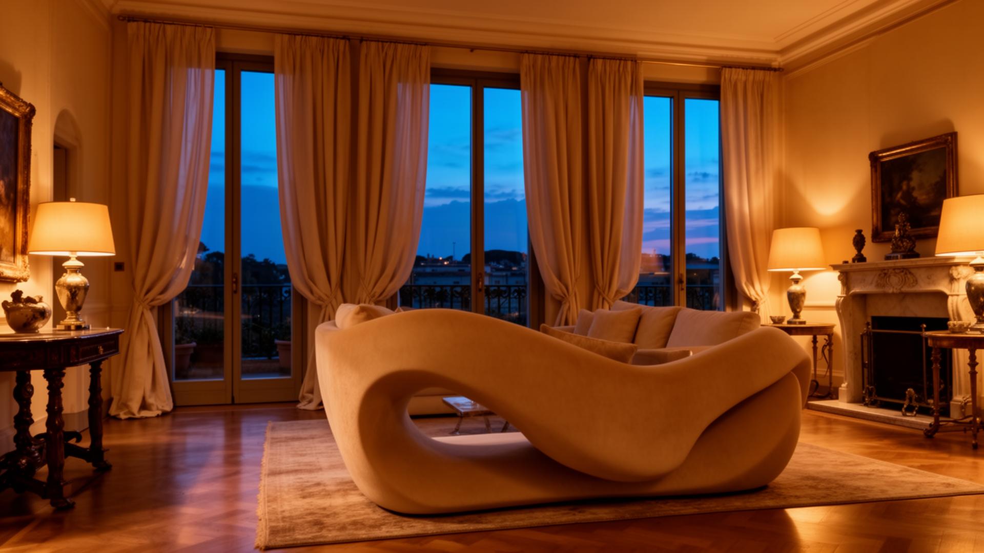 Living al tramonto con divano scultoreo, luce calda